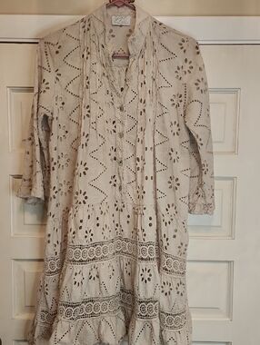 Tan Eyelet Lace Women's Babydoll Tiered Dress Coverup Tunic Beach Wear.